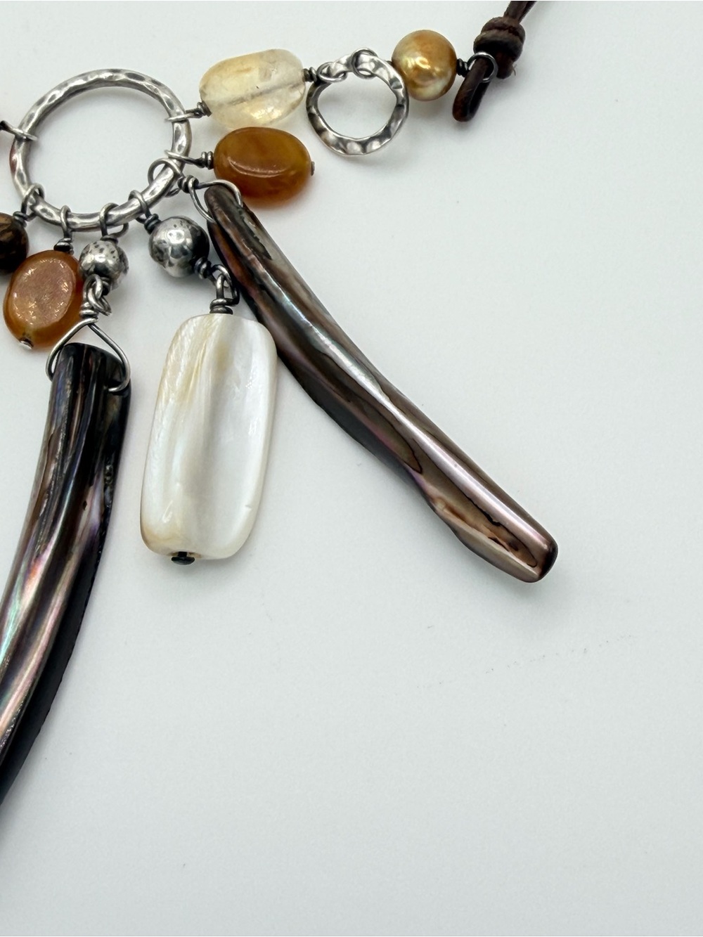Silpada Vintage Sterling & Leather Citrine, Carnelian & Shell Necklace - Picture 7 of 16